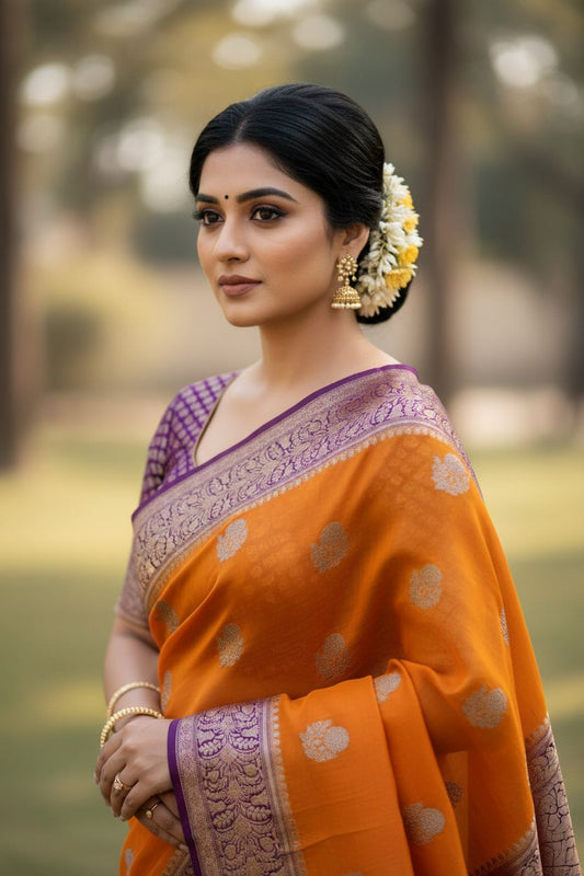 Pure kora antique Rust orange and wine saree