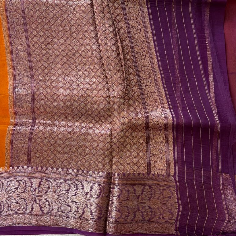Pure kora antique Rust orange and wine saree