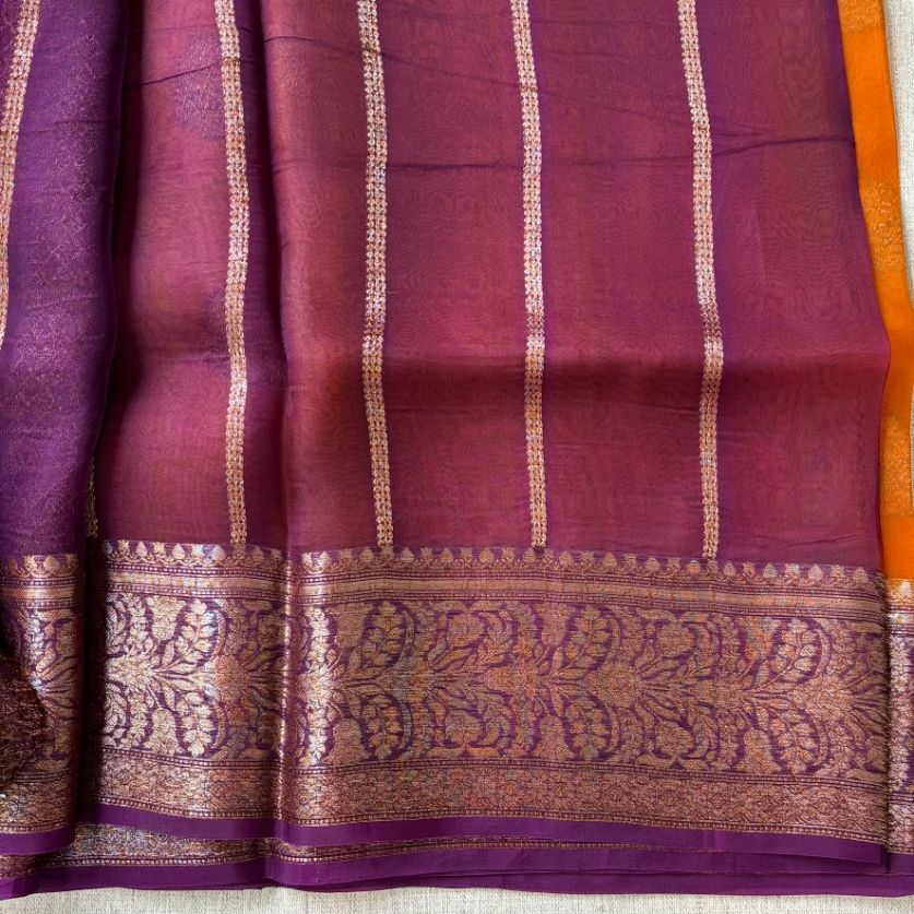 Pure kora antique Rust orange and wine saree