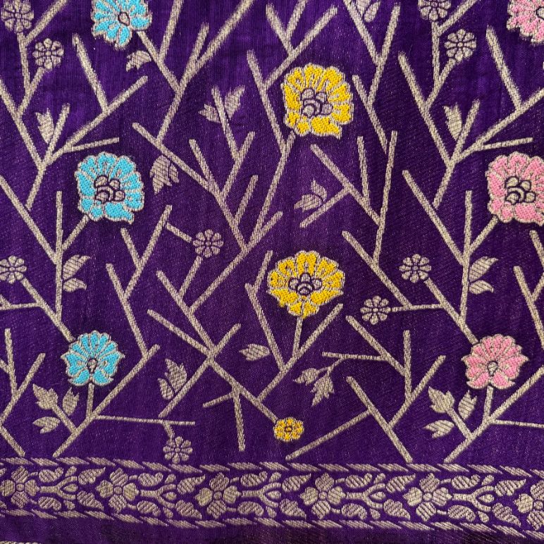 Purple Banarasi Raw silk with contrast lemon yellow blouse