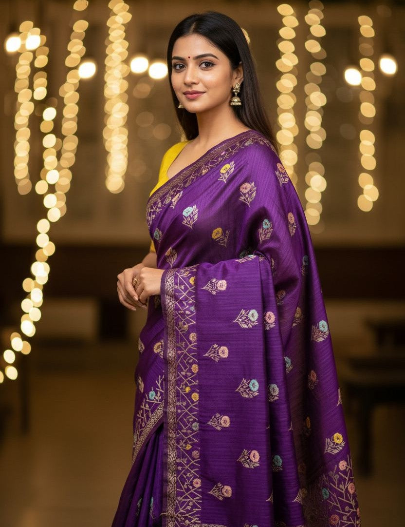 Purple Banarasi Raw silk with contrast lemon yellow blouse