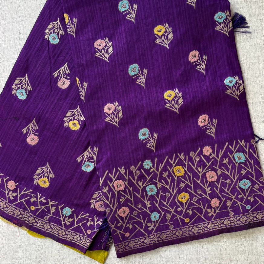 Purple Banarasi Raw silk with contrast lemon yellow blouse