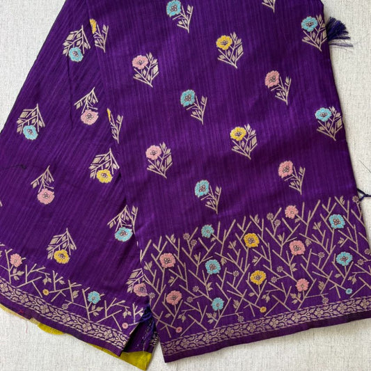 Purple Banarasi Raw silk with contrast lemon yellow blouse