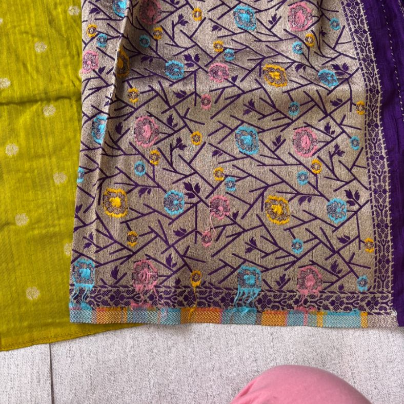 Purple Banarasi Raw silk with contrast lemon yellow blouse