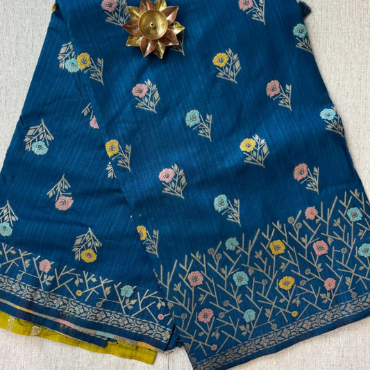 Blue Banarasi Raw silk with contrast lemon yellow blouse