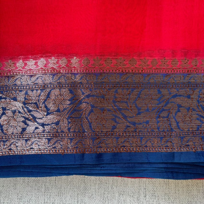 Pure kora antique Red and Blue saree