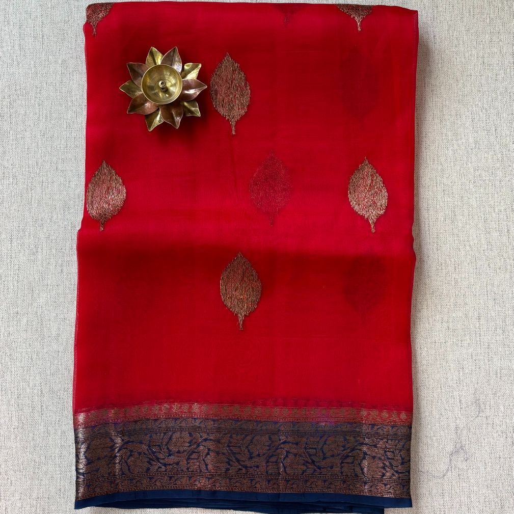 Pure kora antique Red and Blue saree