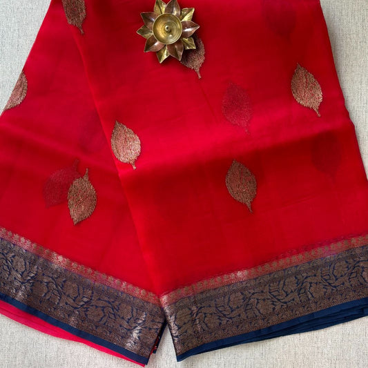 Pure kora antique Red and Blue saree
