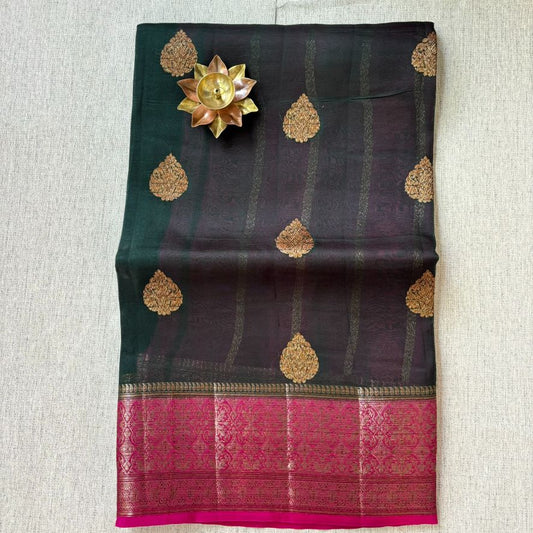 Pure kora antique Green and Rani pink saree
