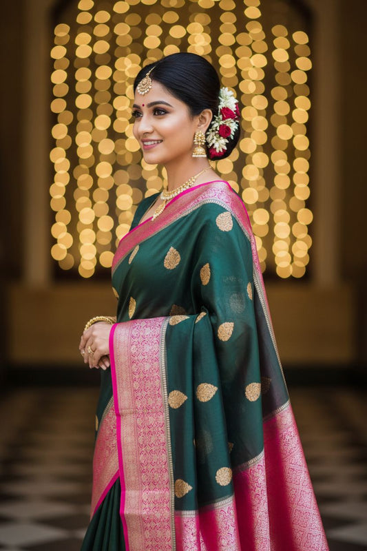 Pure kora antique Green and Rani pink saree