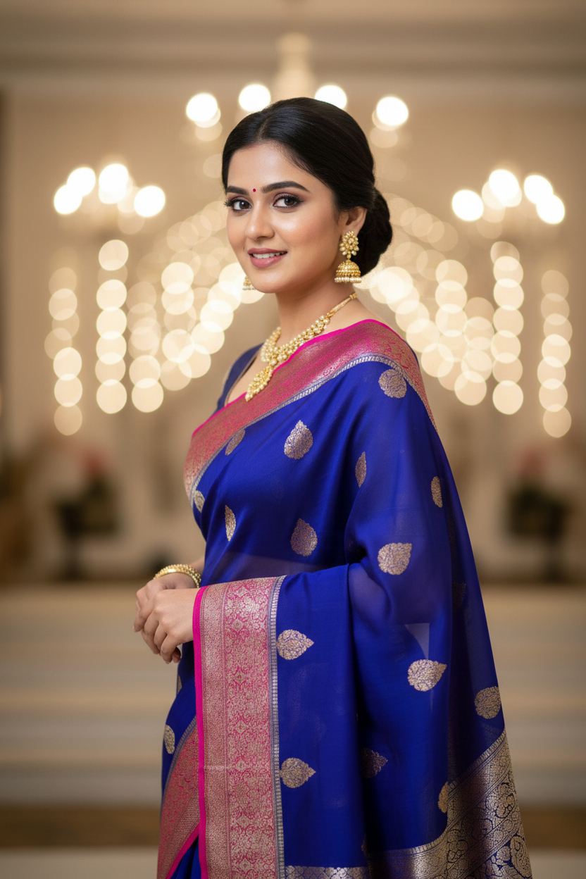 Pure kora antique Dark blue and rani pink saree