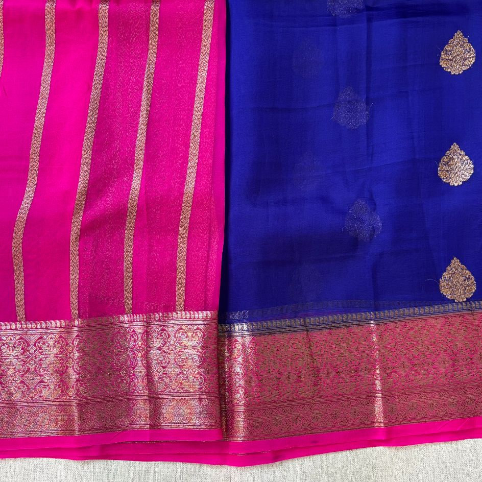Pure kora antique Dark blue and rani pink saree