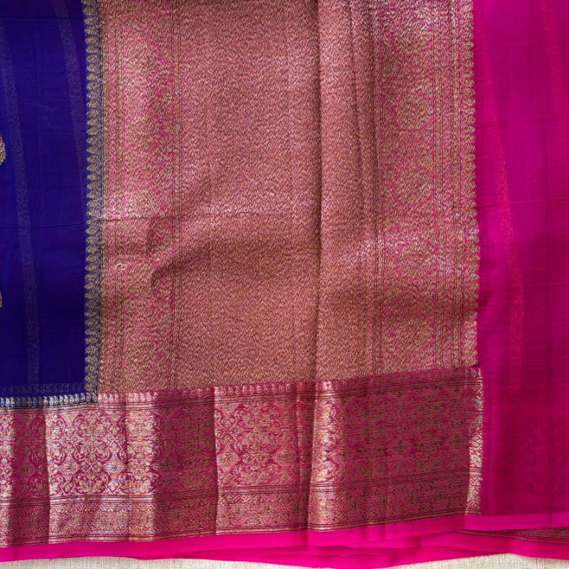 Pure kora antique Dark blue and rani pink saree