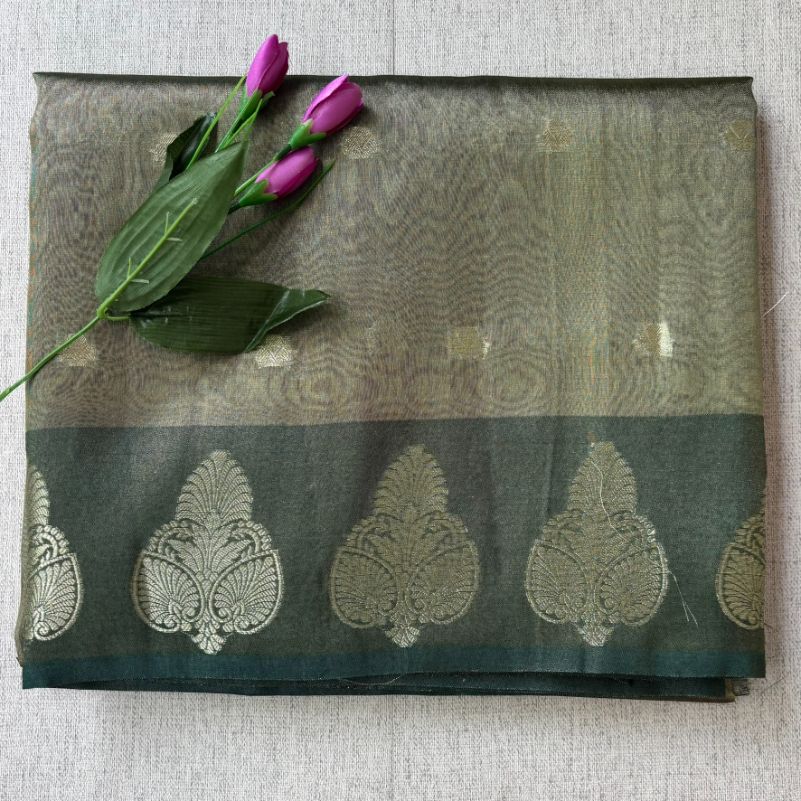 Olive green Banarasi Tissue silk with satin boarder