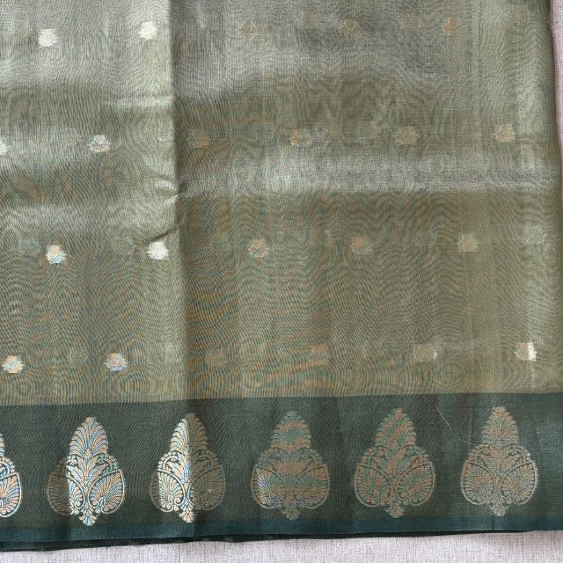 Olive green Banarasi Tissue silk with satin boarder