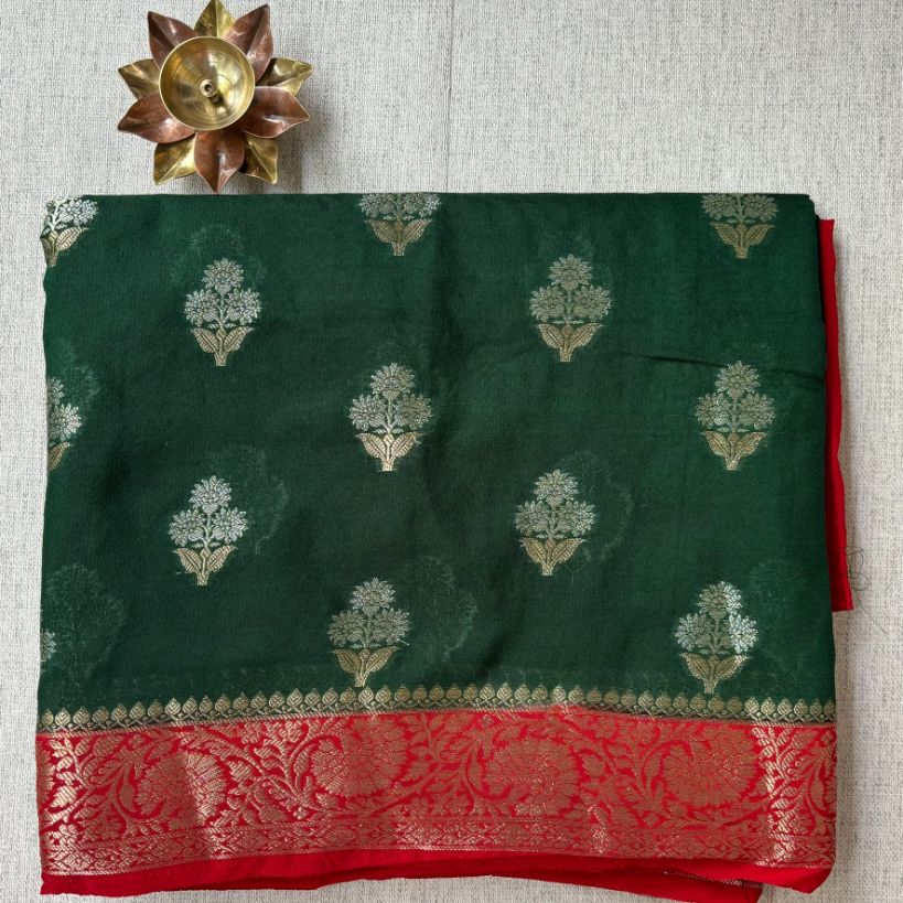 Green and Red Contrast Banarasi Georgette saree