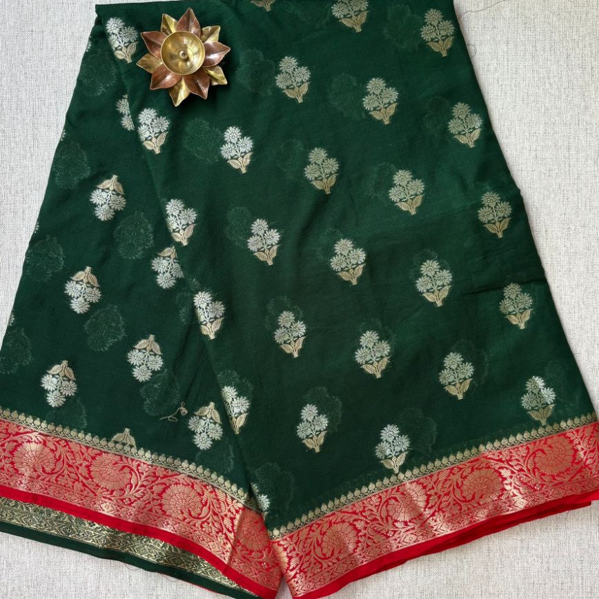 Green and Red Contrast Banarasi Georgette saree