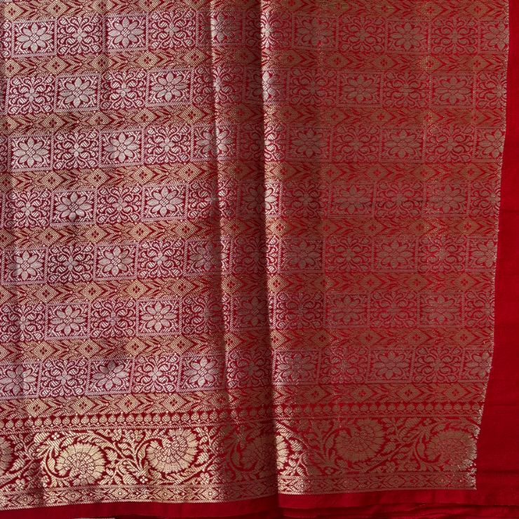 Green and Red Contrast Banarasi Georgette saree