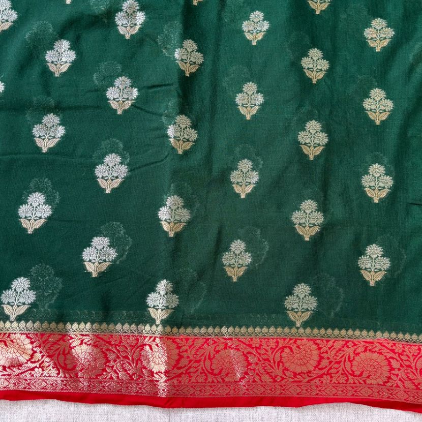 Green and Red Contrast Banarasi Georgette saree