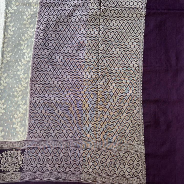 Grey and wine Contrast Banarasi Georgette saree