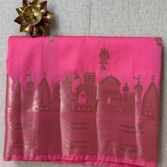 Rani pink Banarasi inspired architectural border soft silk