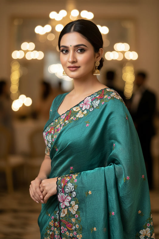 Pure Crush Saree with Floral embroidery all over the saree