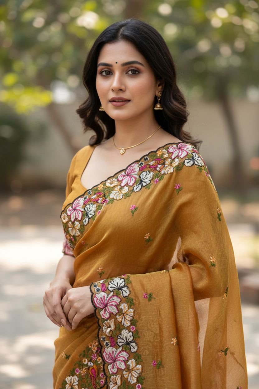 Pure Crush Saree with Floral embroidery all over the saree