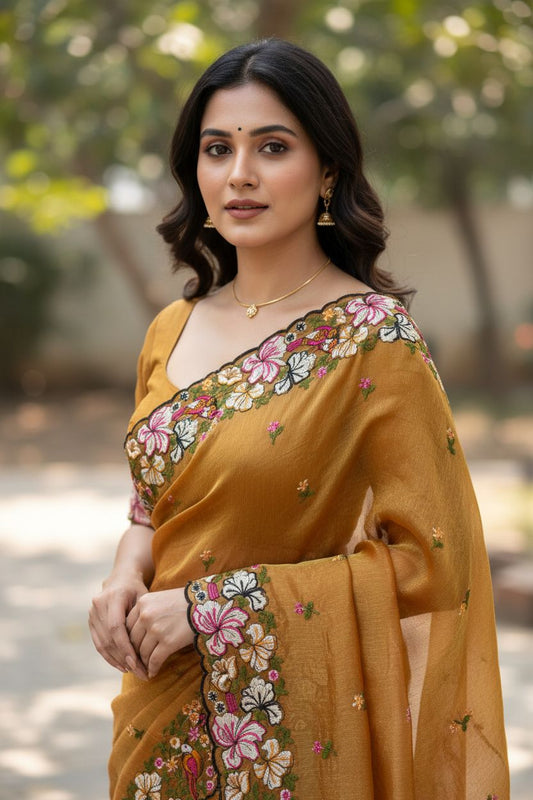 Pure Crush Saree with Floral embroidery all over the saree