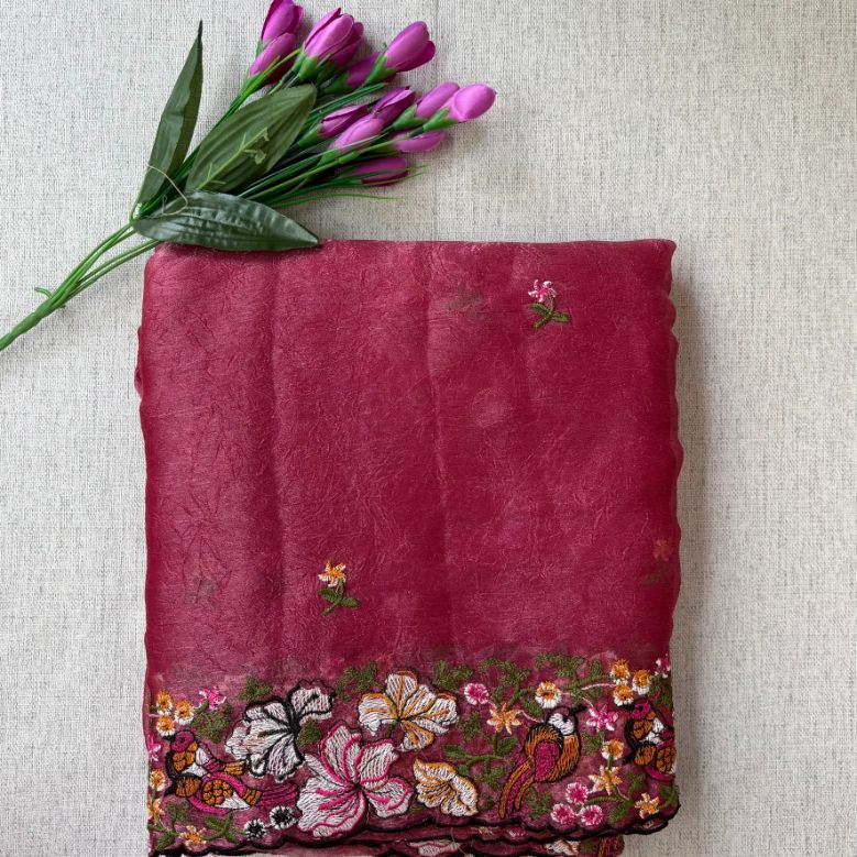 Pure Crush Saree with Floral embroidery all over the saree