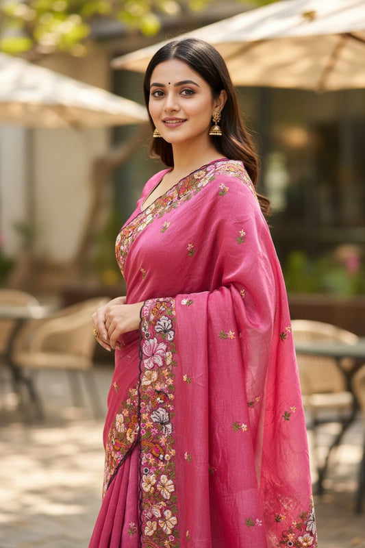 Pure Crush Saree with Floral embroidery all over the saree