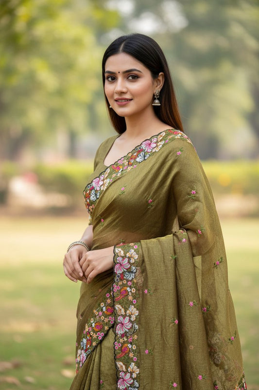 Pure Crush Saree with Floral embroidery all over the saree