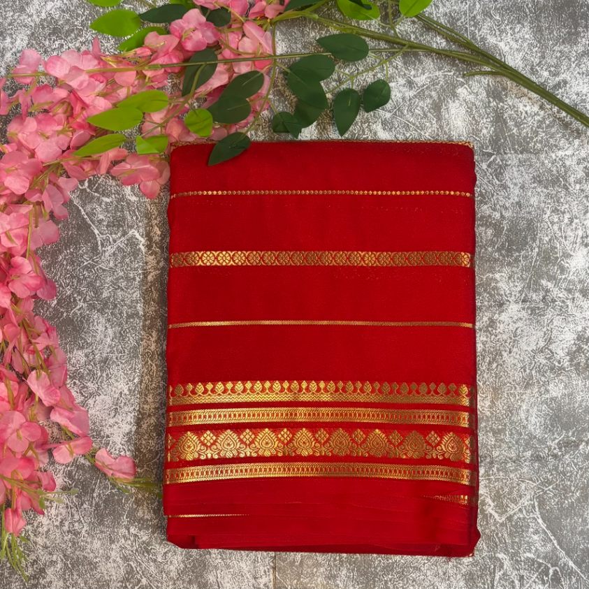 Red stripes premium Mysore crape silk semi