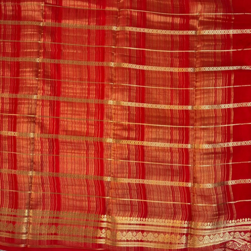 Red stripes premium Mysore crape silk semi