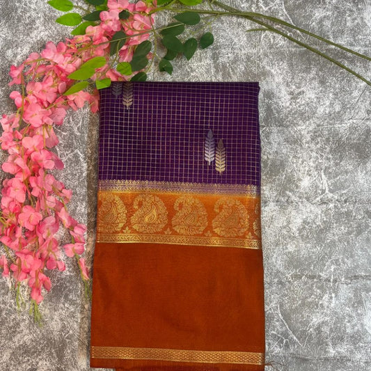 Purple and Rust orange small check Mysore crape silk semi