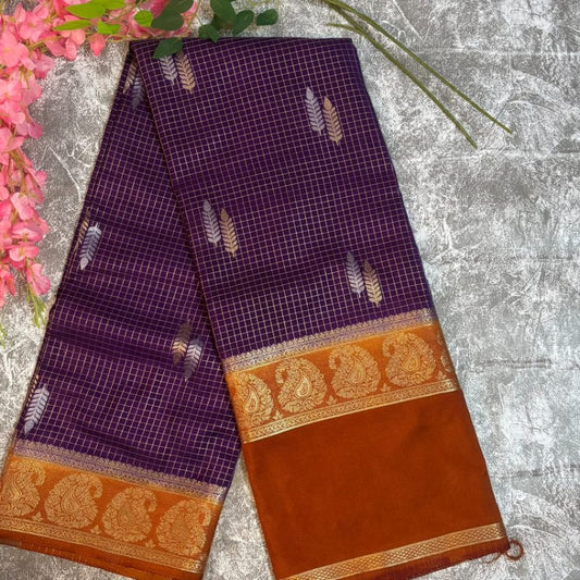 Purple and Rust orange small check Mysore crape silk semi