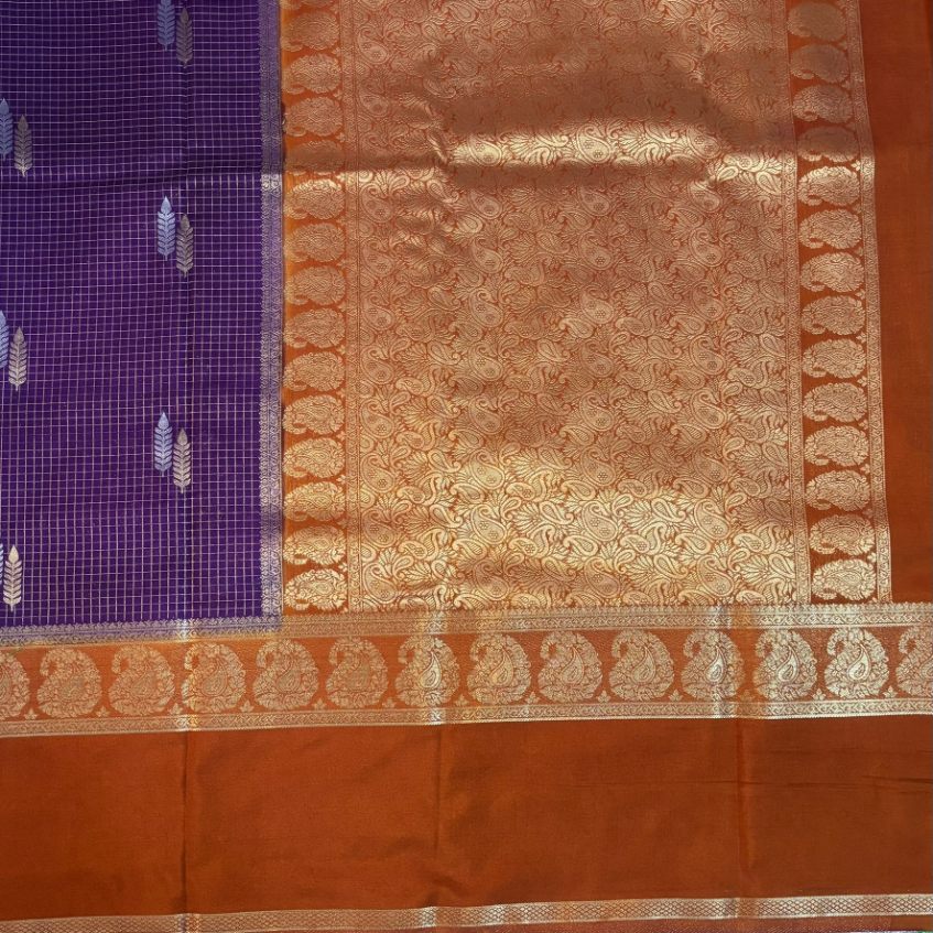 Purple and Rust orange small check Mysore crape silk semi