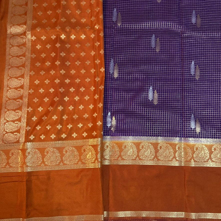 Purple and Rust orange small check Mysore crape silk semi