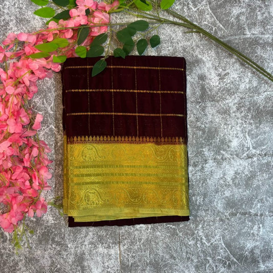 Maroon and Pista green Checks Mysore crape silk semi