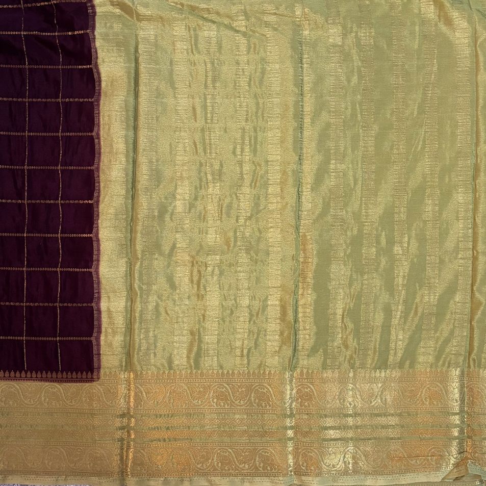 Maroon and Pista green Checks Mysore crape silk semi