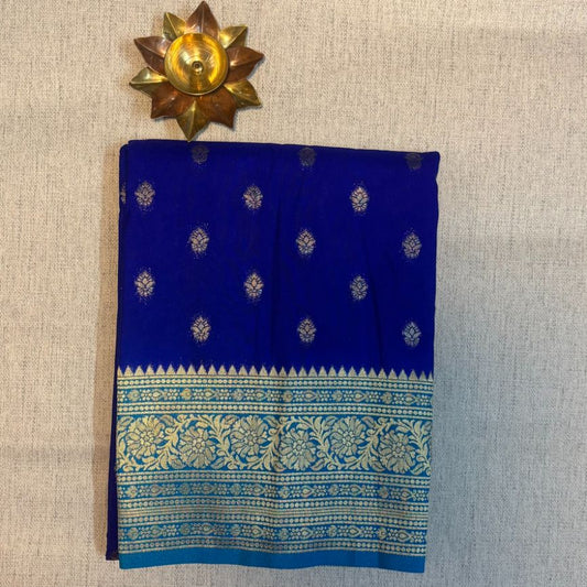 Dark blue Banarasi butta crape silk saree