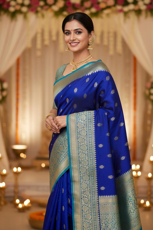 Dark blue Banarasi butta crape silk saree