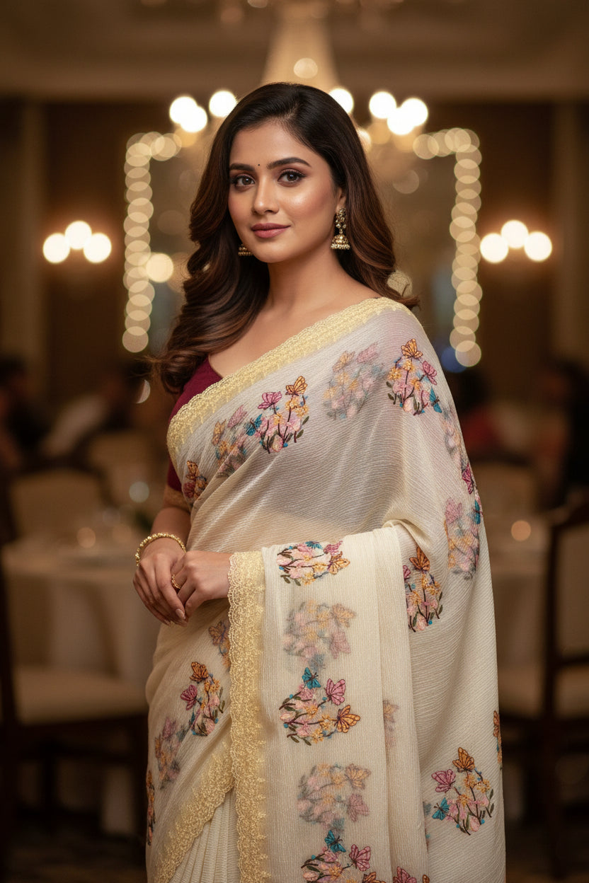 White Pure crush Georgette chiffon Saree