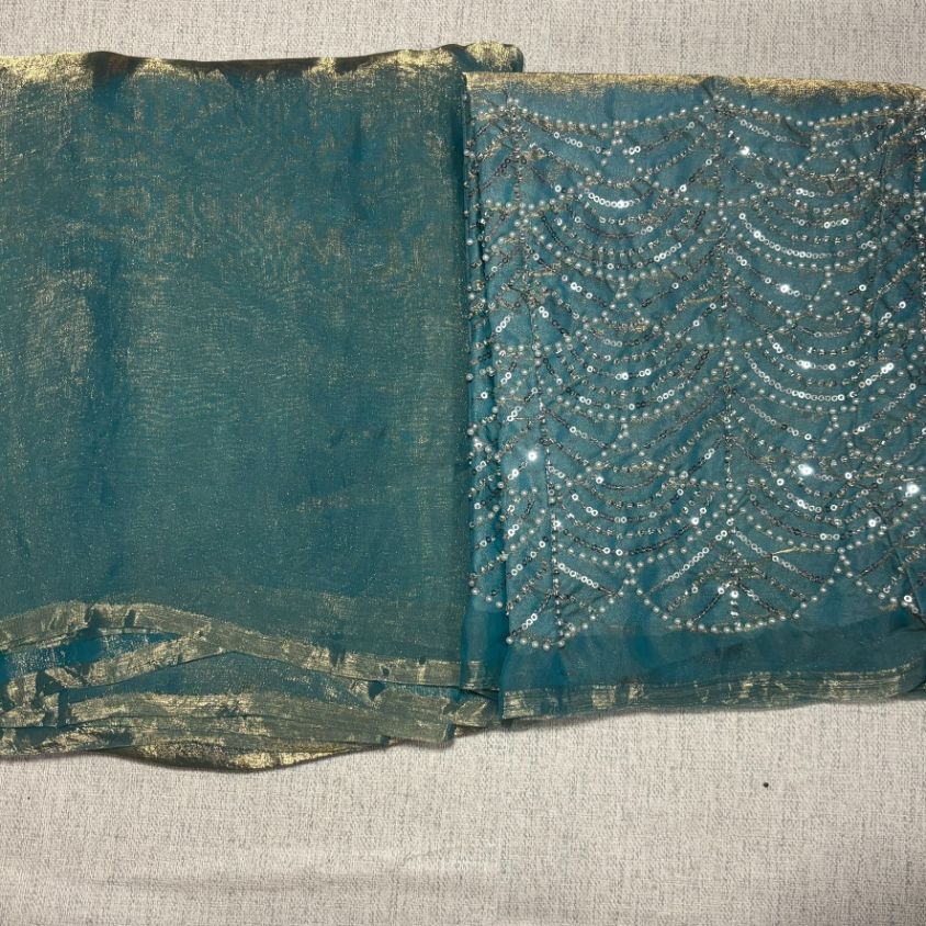 Teal Blue Party Wear plain saree with Embroidery Blouse