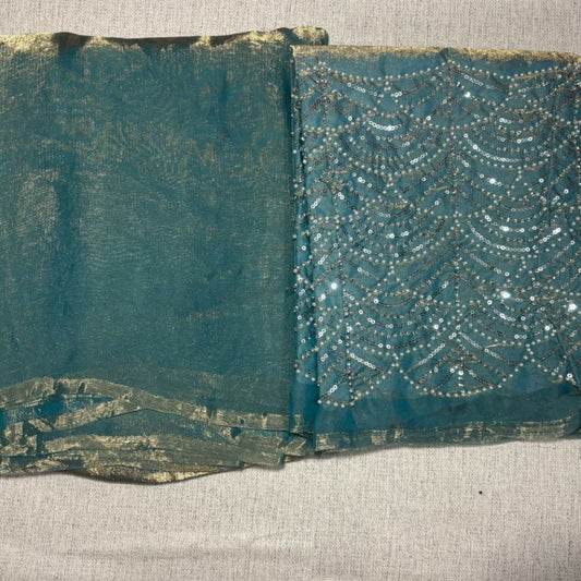 Teal Blue Party Wear plain saree with Embroidery Blouse