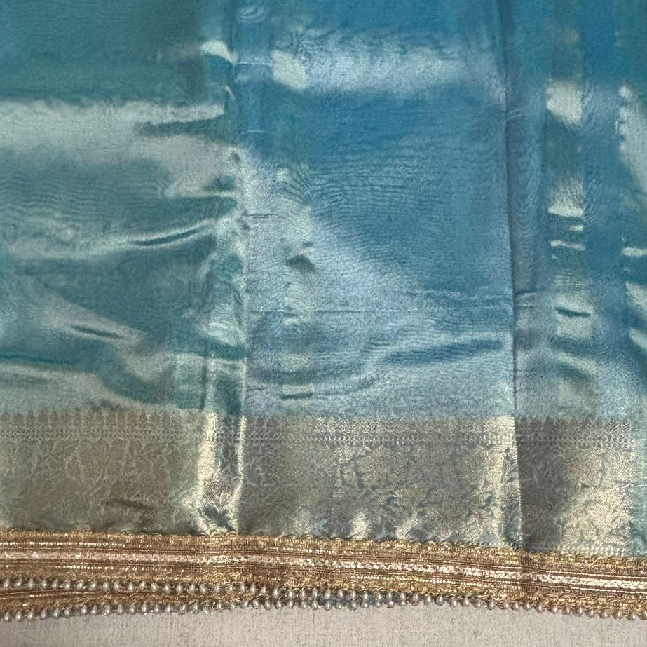 Janhvi Kapoor Inspired Aqua Blue Soft Tissue Silk Saree with Handmade Cutwork Laces