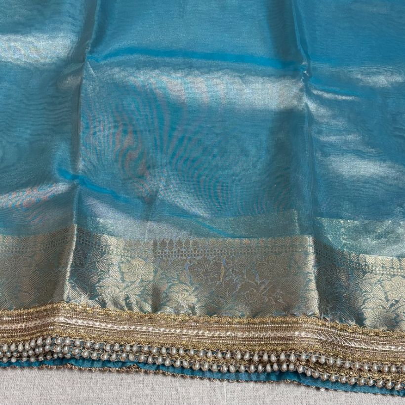 Janhvi Kapoor Inspired Aqua Blue Soft Tissue Silk Saree with Handmade Cutwork Laces
