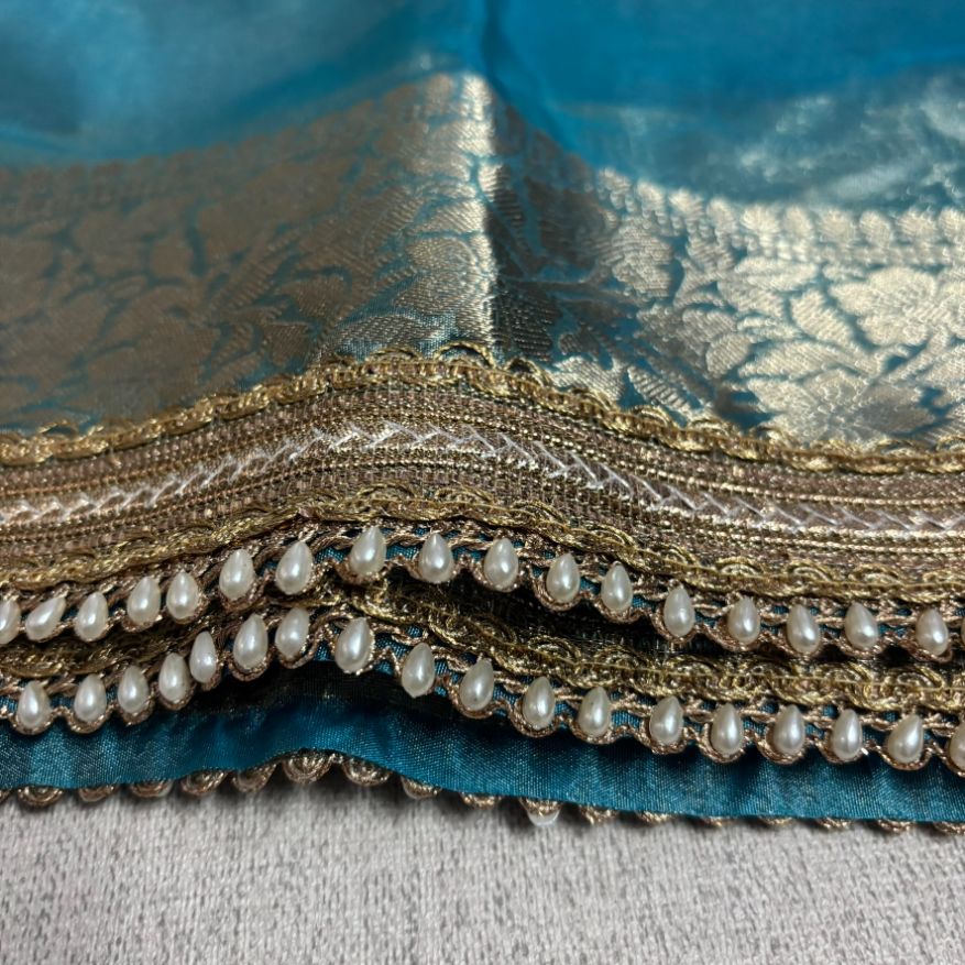 Janhvi Kapoor Inspired Aqua Blue Soft Tissue Silk Saree with Handmade Cutwork Laces