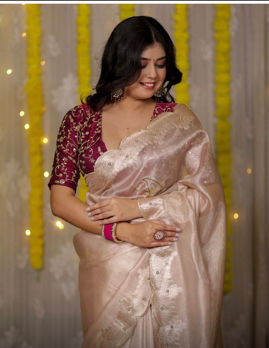 Soft Glass Tissue Aari Handwork saree