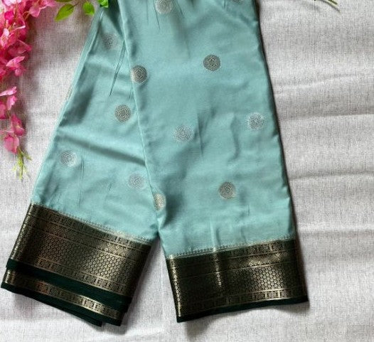 Sea Green and Green boarder with silver and golden buttas Mysore Crape Semi