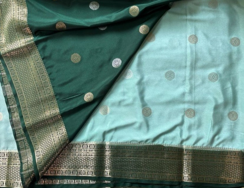 Sea Green and Green boarder with silver and golden buttas Mysore Crape Semi